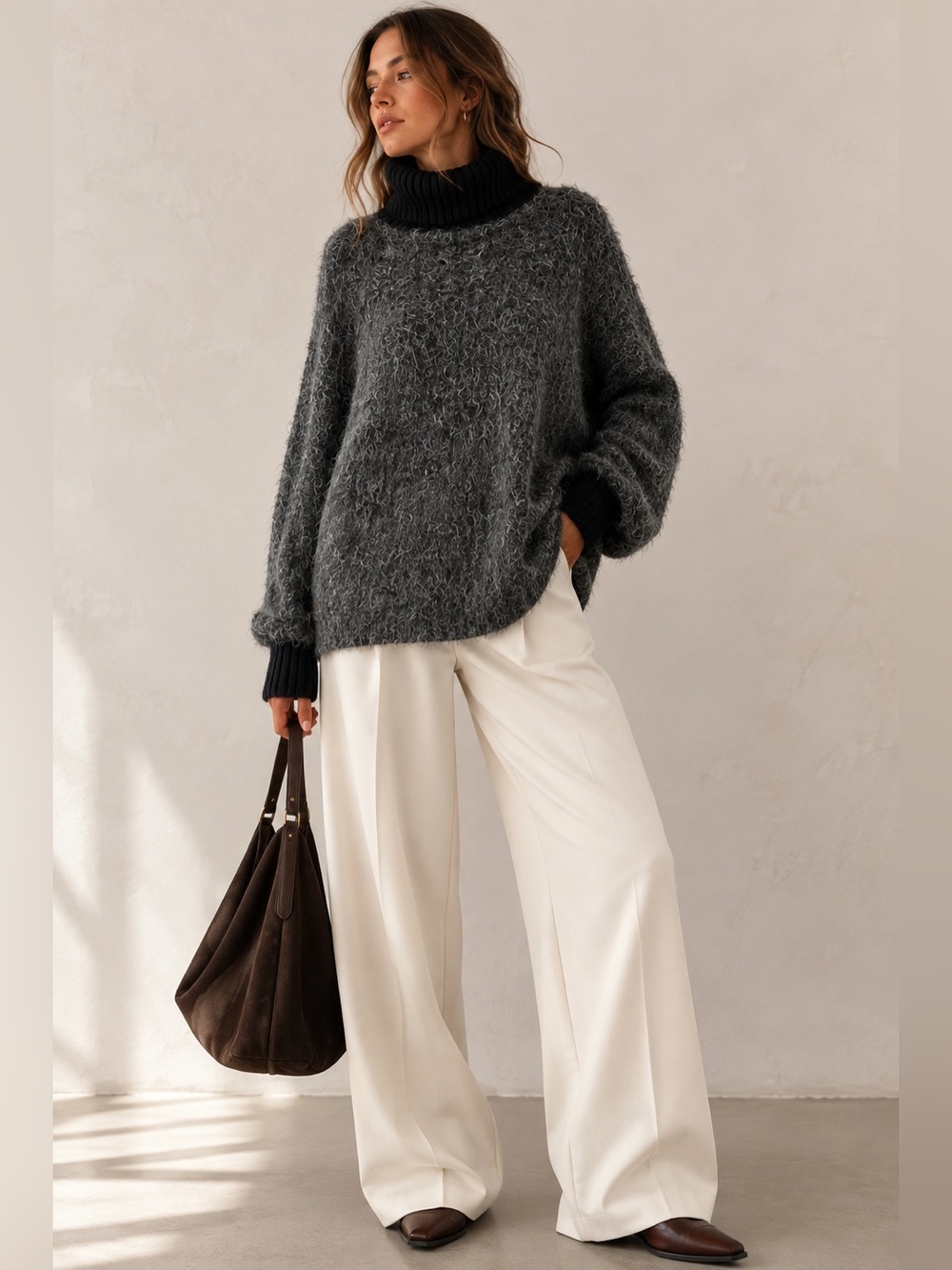 Free People Oversized Fuzzy Turtleneck Sweater Charcoal Gray L